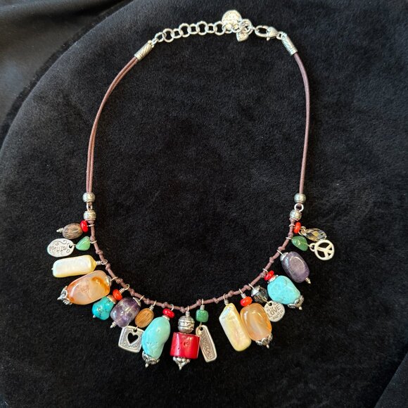 Brighton Imagine Charm Necklace Corded Suede Turquoise Coral MOP Peace Love - Picture 7 of 8